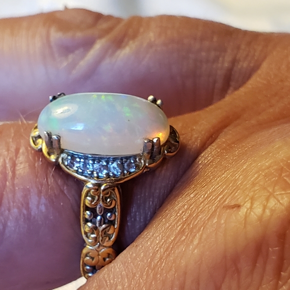 SOLDGorgeous Ethiopian Welo Opal and White Zircon Ring 2.15ctw Sterling Silver - Picture 7 of 14